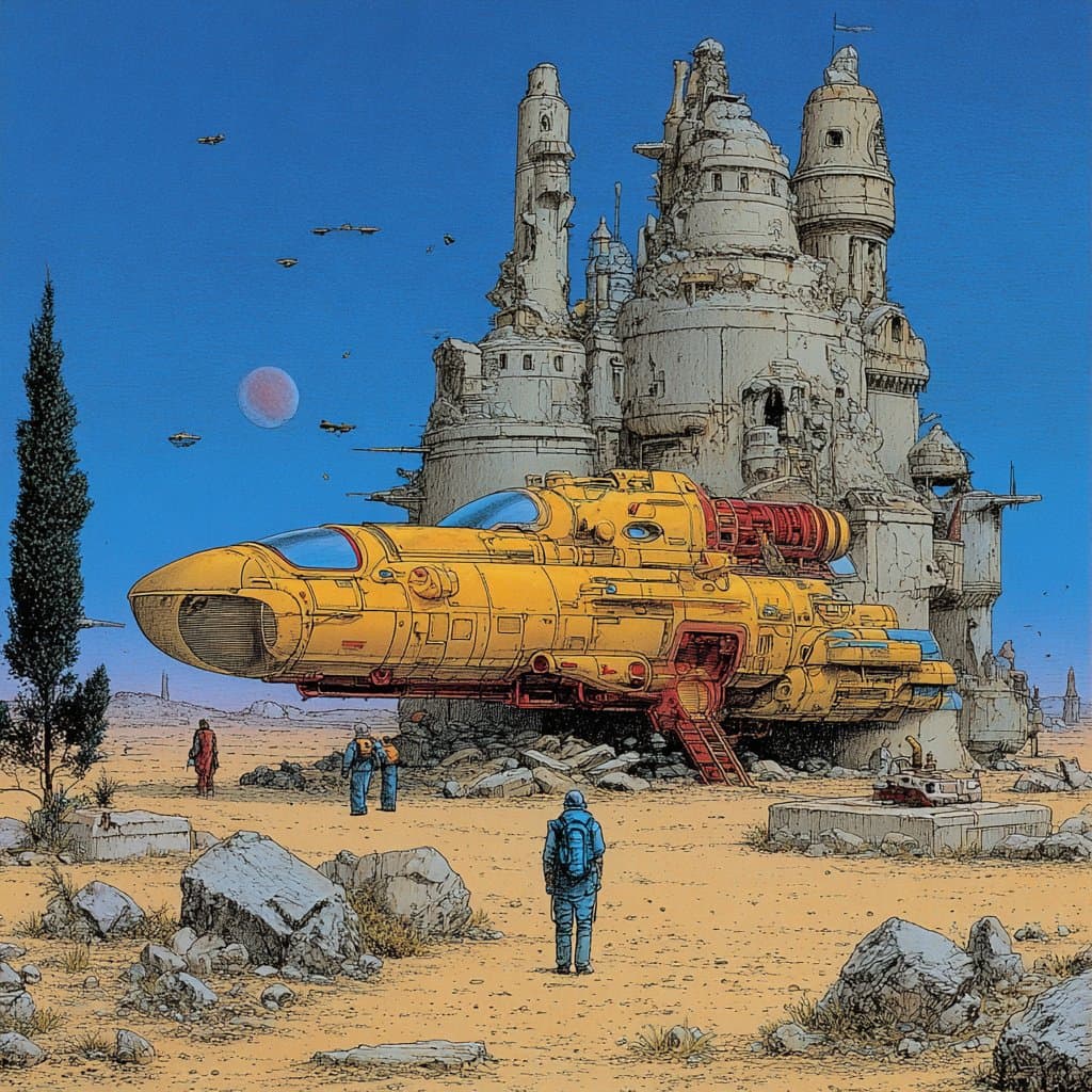 Yellow Spaceship in Desert Landscape