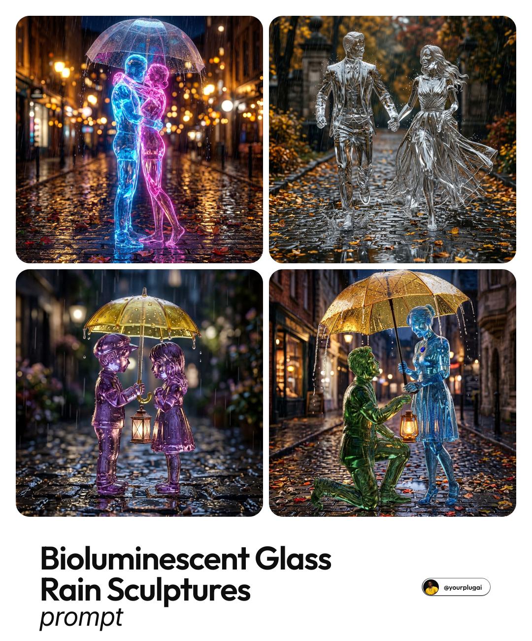 Bioluminescent glass rain sculptures poster layout example